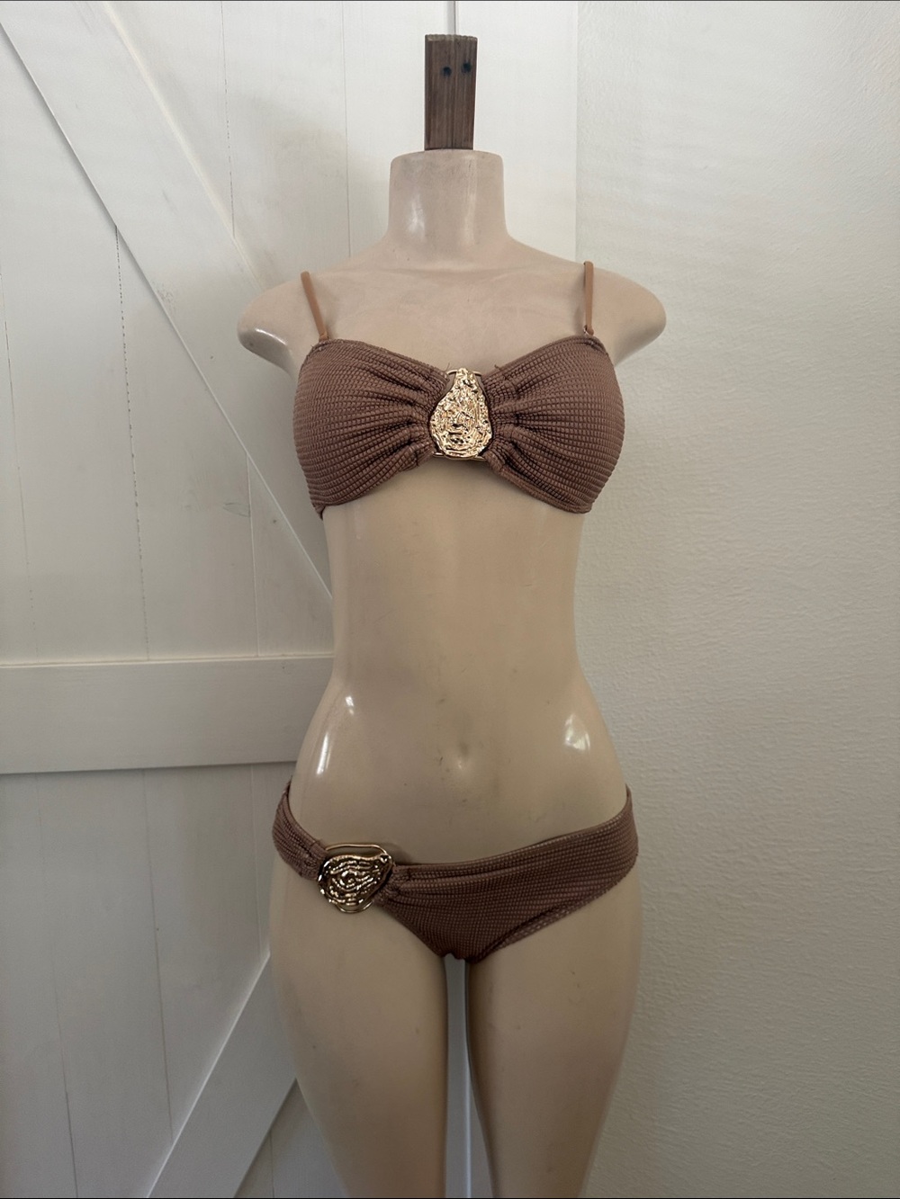Textured Brown Bandeau Bikini with Gold Accents M